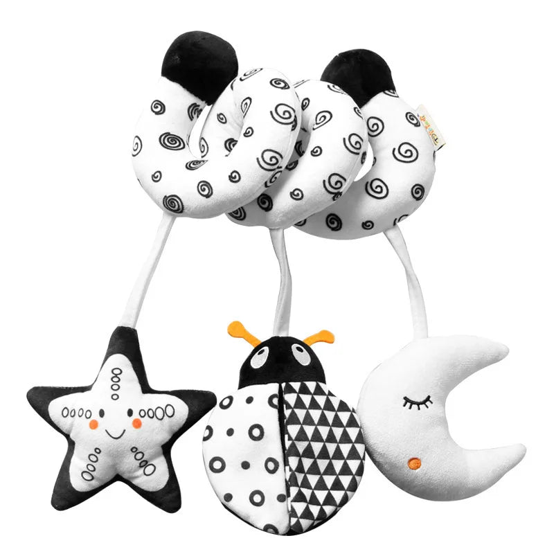 Hanging Toys Car Seat Crib Mobile Infant Baby Spiral Plush Bed Stroller Bar Black and White Color Toy with Rattles BB Squeaker