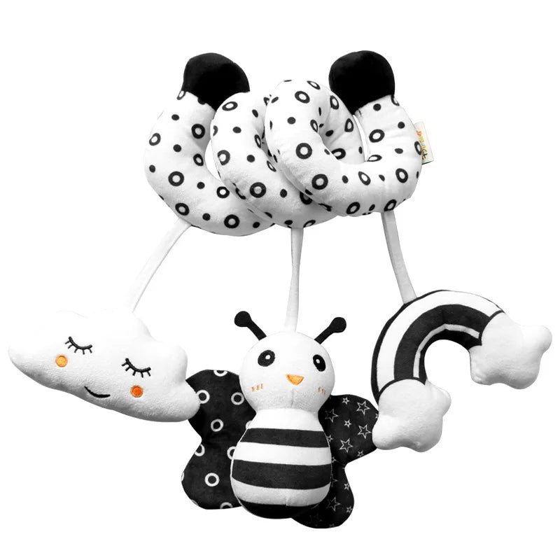 Hanging Toys Car Seat Crib Mobile Infant Baby Spiral Plush Bed Stroller Bar Black and White Color Toy with Rattles BB Squeaker