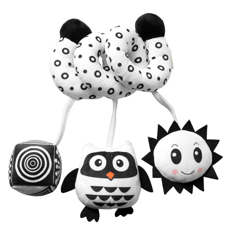 Hanging Toys Car Seat Crib Mobile Infant Baby Spiral Plush Bed Stroller Bar Black and White Color Toy with Rattles BB Squeaker