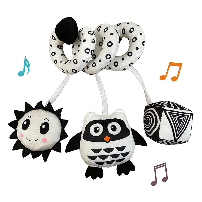 Hanging Toys Car Seat Crib Mobile Infant Baby Spiral Plush Bed Stroller Bar Black and White Color Toy with Rattles BB Squeaker