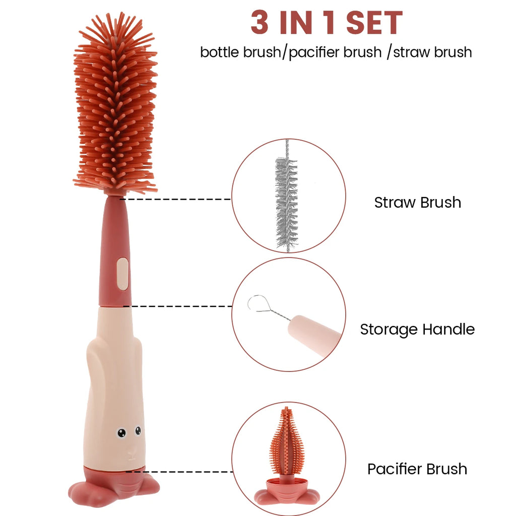 Brosse Biberon Silicone 3-en-1 – Brosse, Paille & Tétine