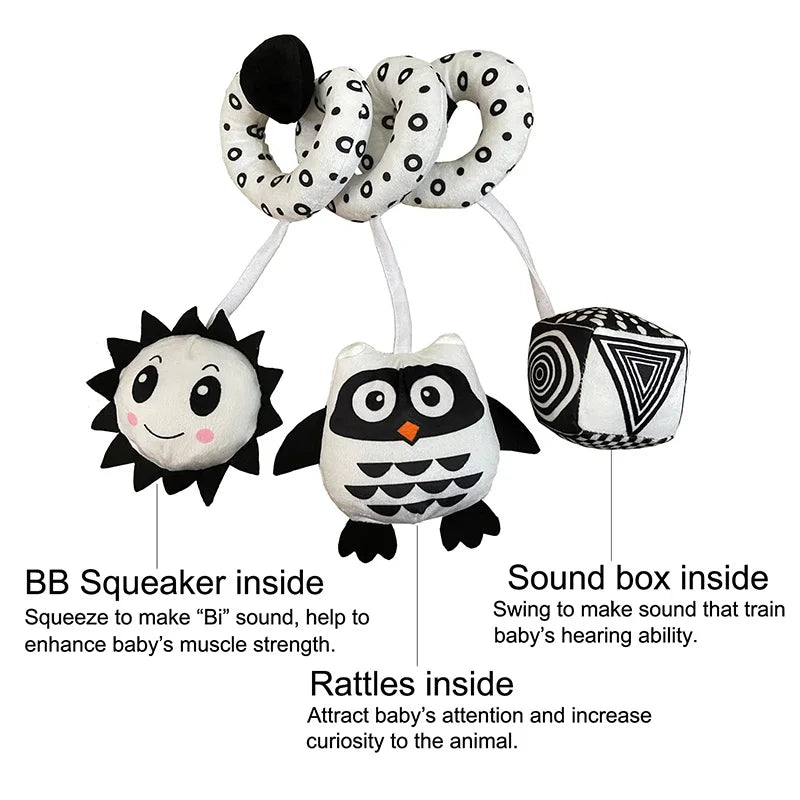 Hanging Toys Car Seat Crib Mobile Infant Baby Spiral Plush Bed Stroller Bar Black and White Color Toy with Rattles BB Squeaker