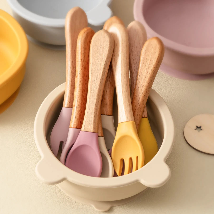 Set Cuillère & Fourchette Bébé en Silicone – Apprentissage des Repas