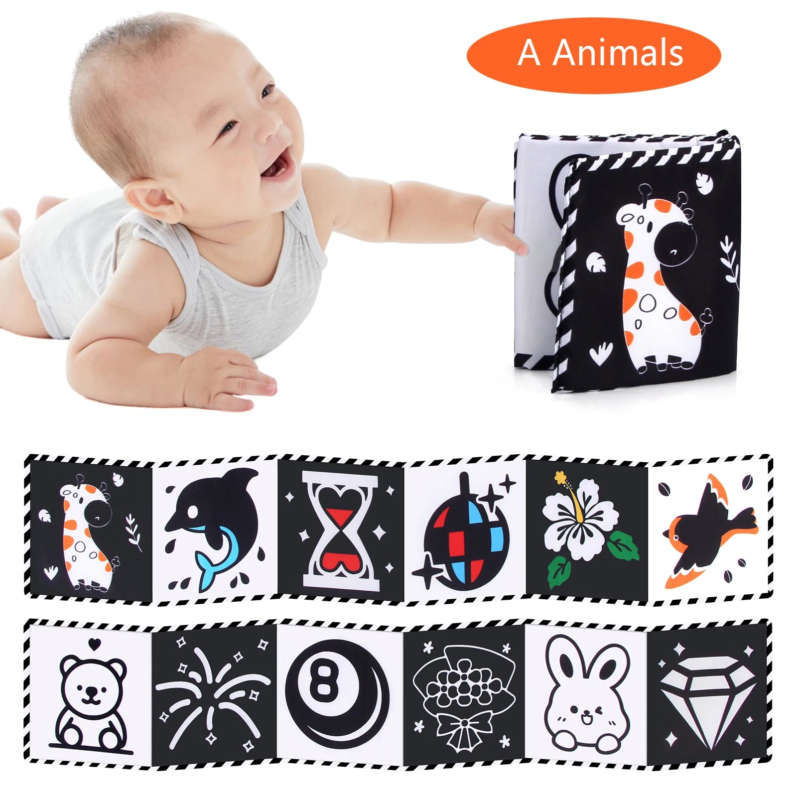 Baby Cloth Book High Contrast Baby Toys 0M+ Newborn Crib Toys Black and White Animal Sensory Cloth Books Montessori Toys