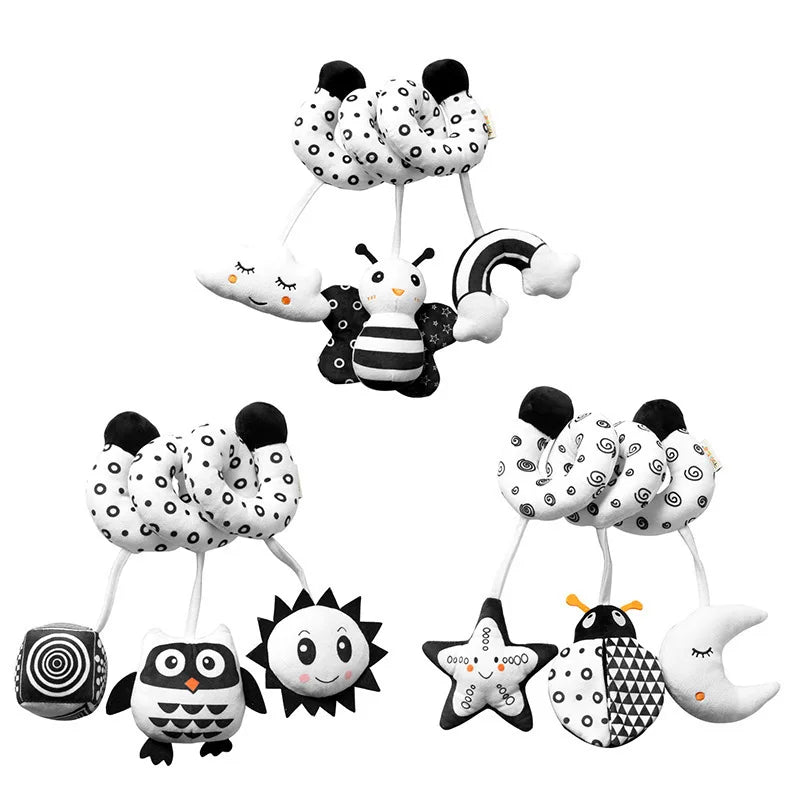 Hanging Toys Car Seat Crib Mobile Infant Baby Spiral Plush Bed Stroller Bar Black and White Color Toy with Rattles BB Squeaker