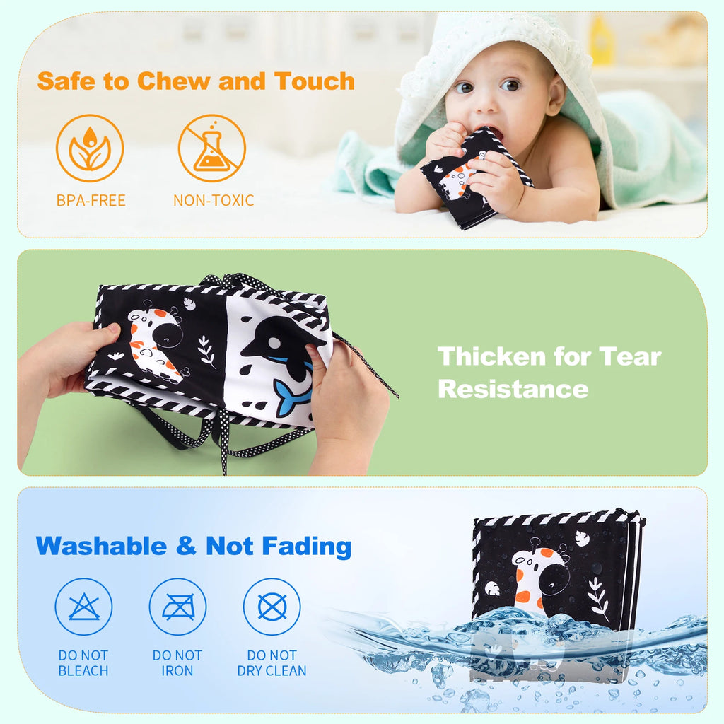 Baby Cloth Book High Contrast Baby Toys 0M+ Newborn Crib Toys Black and White Animal Sensory Cloth Books Montessori Toys