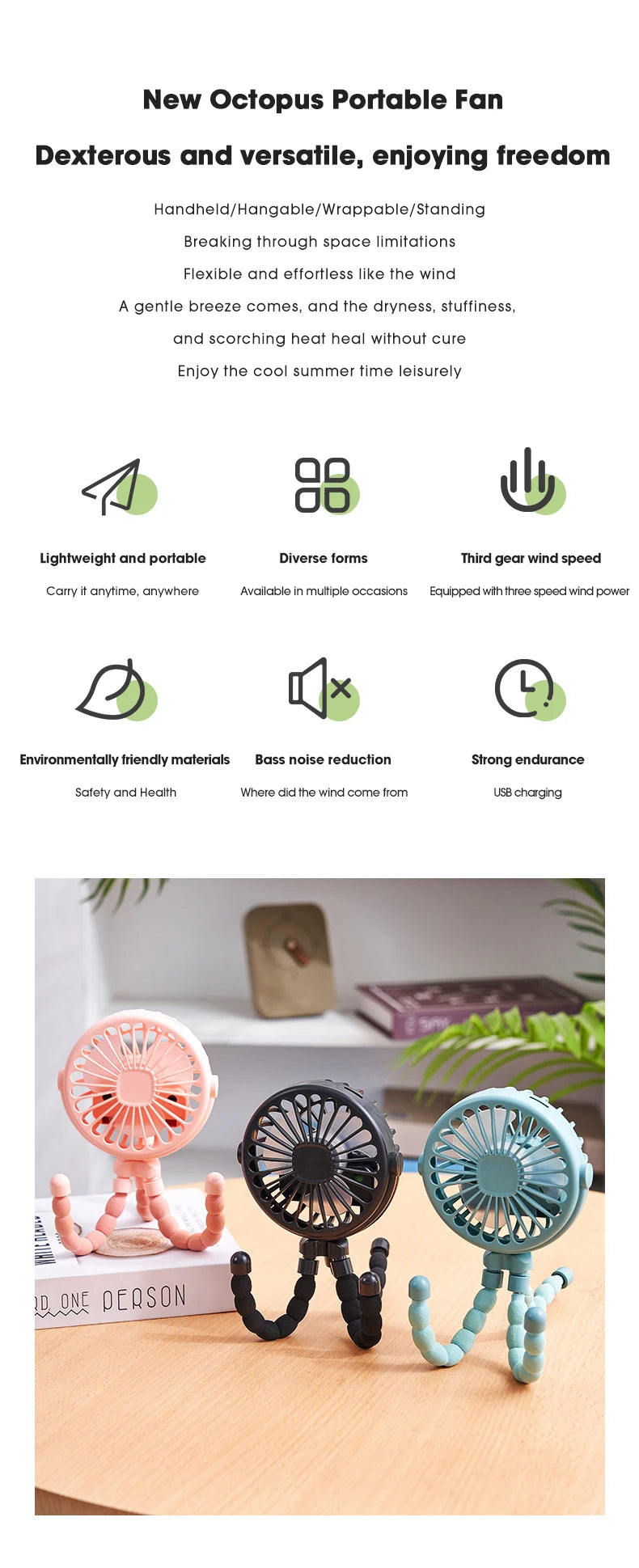 Portable USB Desktop Folding Fan,Outdoor Baby Stroller Handheld Fan, Summer Mute Small Multifunctional Octopus Mini Fan