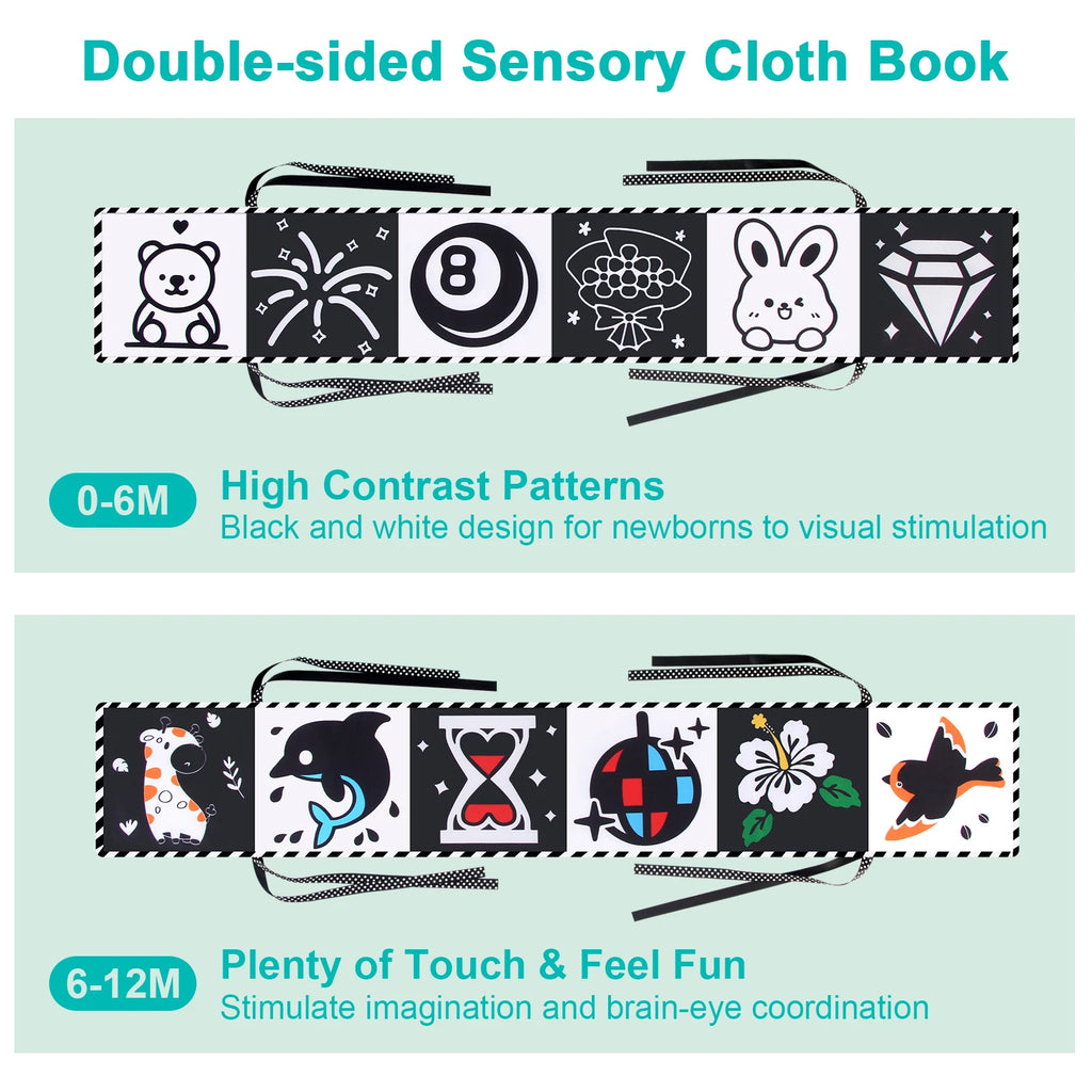 Baby Cloth Book High Contrast Baby Toys 0M+ Newborn Crib Toys Black and White Animal Sensory Cloth Books Montessori Toys